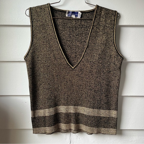 Vintage Metallic Gold and Black Sleeveless V-Neck Knit Top - Picture 1 of 10